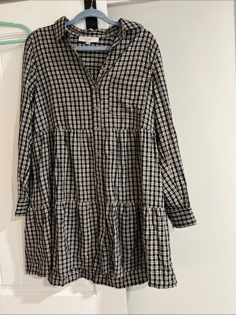 LOFT Black & White Plaid Long-Sleeve Tiered Shirt Dress